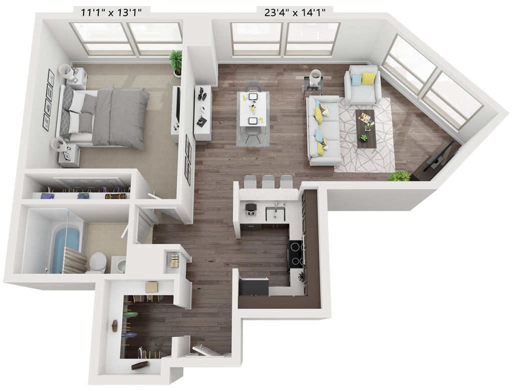 Floor plan for 1 bed, 1 bath, 669 sqft